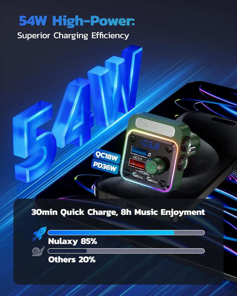 nulaxy 54W Bluetooth 5.3 Car Adapter with 4 Charging Ports [PD 36W & QC3.0 18W], Wireless Radio FM Transmitter with Deep Bass Player & 5 Colors LED Backlit, Hands-Free Calling - Green - Image 2
